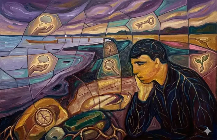 Image in the style of Edvard Munch representing inner thought processes